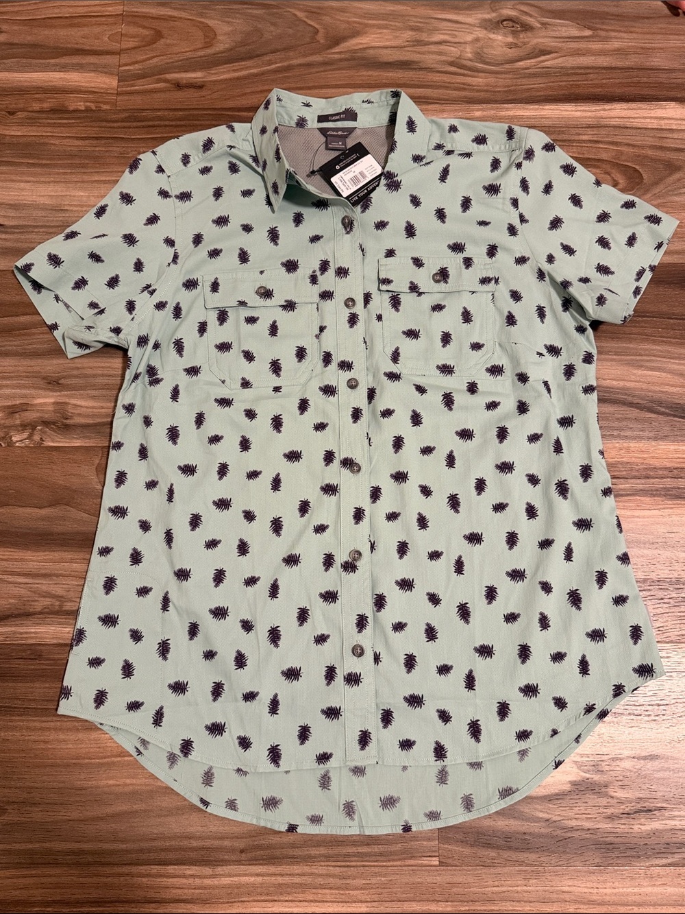 Eddie Bauer Women's M Sage Leaf Print S/S Adventure Shirt Hiking Fishing